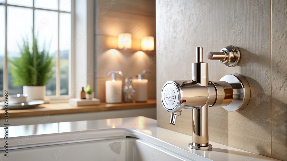 Minimalist Photography of a Thermostatic Mixing Valve Regulating Hot Water Temperature in a Modern Home Setting for Safe Residential Use Minimalist Photography of a Thermostatic Mixing Valve Regulating Hot Water Temperature in a Modern Home Setting for Safe Residential Use