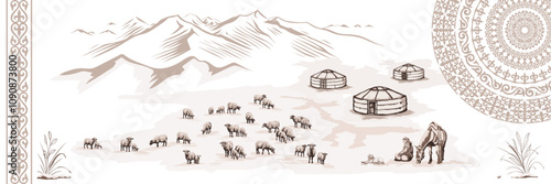 Ethnic illustration, traditions and patterns of Central Asia, yurt and horses, vector design, yurt in the mountains, flock of sheep