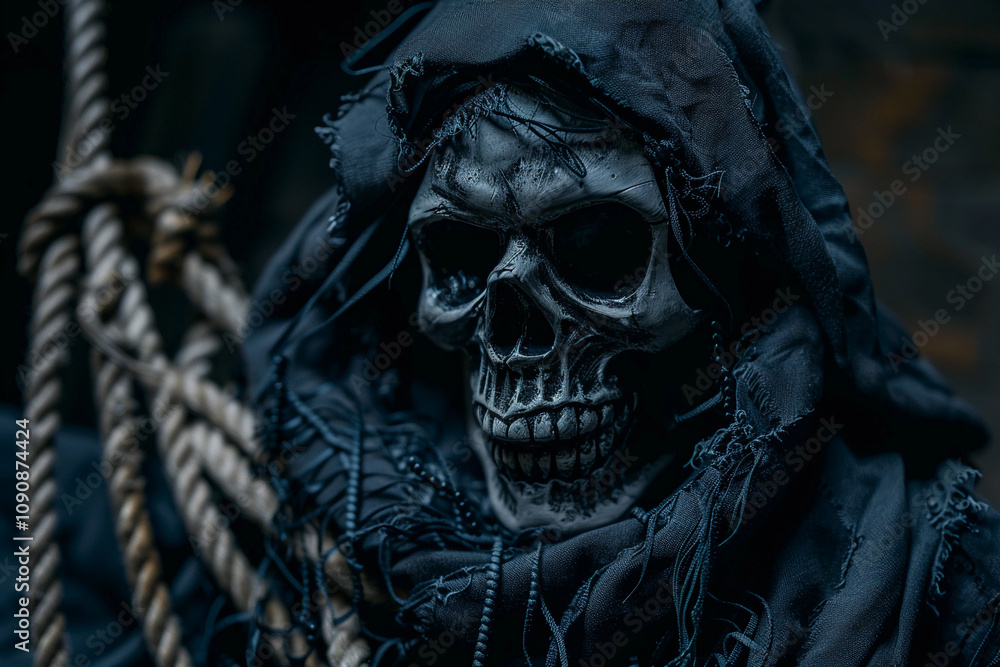 Scary grim reaper with sharp scythe in hell with dramatic background Scary grim reaper with sharp scythe in hell with dramatic background
