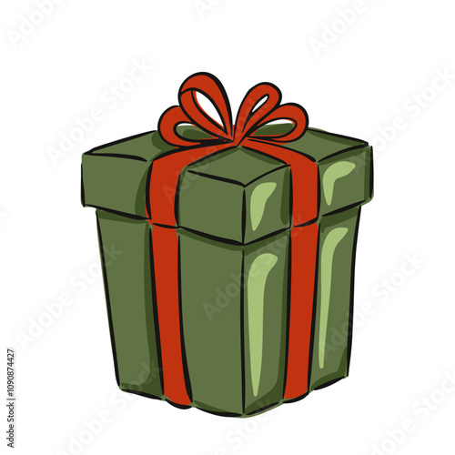 Hand drawn green gift box with red ribbon vector illustration