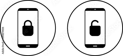 Set of lock and unlocked with mobile phone icon. Smartphone password. Mobile phone with padlock sign symbol.
