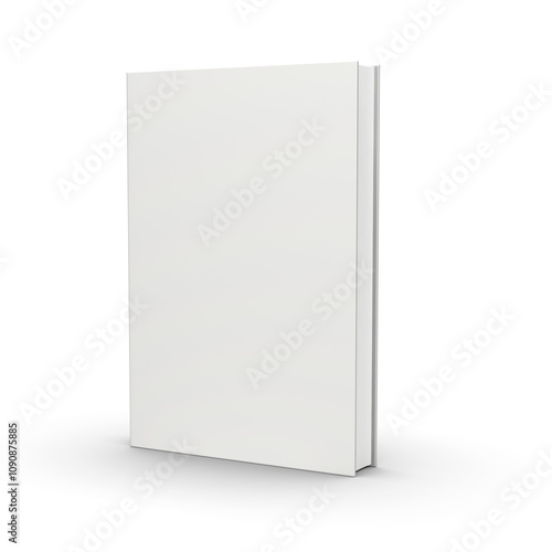 A blank standing book with a white cover, angled slightly and casting shadows on an isolated white background, concept of mockup for book covers. 3D Rendering