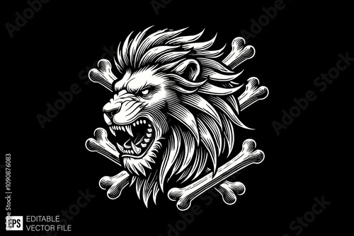 lion skull and crossbones illustration black and white vector design