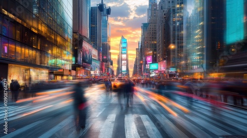 A vibrant city street bustling with activity at dusk, featuring people crossing and towering buildings illuminated by colorful lights