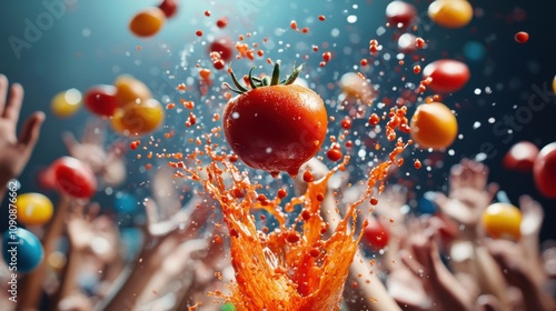 Fresh Tomato Splashing in Mid Air photo