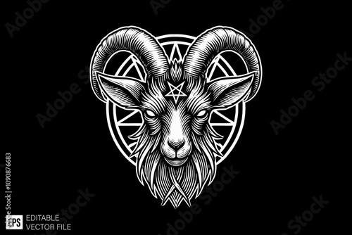 satanic goat illustration black and white vector design