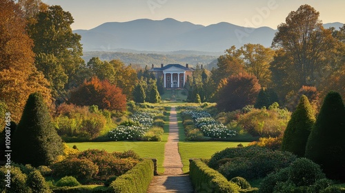 Stunning view of Monticello surrounded by vibrant gardens and rolling mountains during golden hour