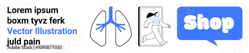 Diagram shows human lungs, a person jogging, and an online shop icon. Ideal for health education, wellness promotion, e-commerce, fitness campaigns, and advertising. Banner for landing page