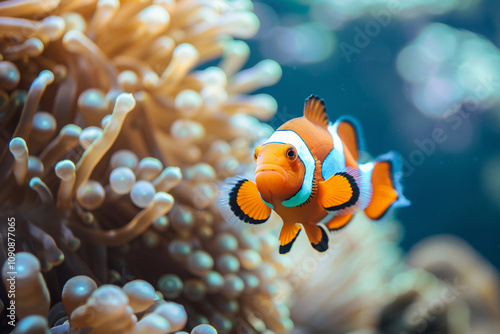 Fantastically beautiful bright clownfish swims in deep sea among corals