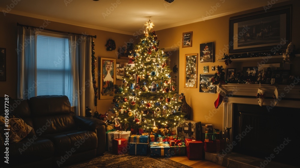 Decorated Christmas tree, Gifts under the tree Decorated Christmas tree, Gifts under the tree