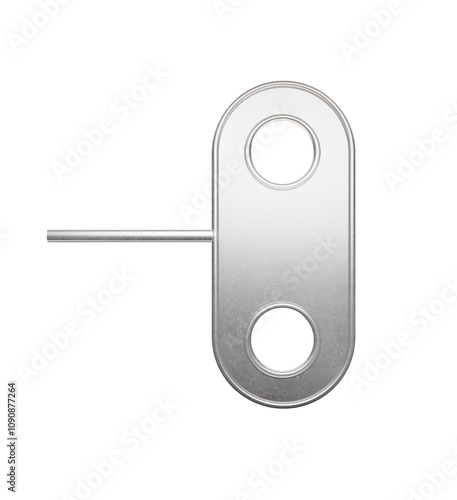 Metallic wind-up key with cylindrical rod and rounded shape, featuring two circular holes. Isolated on a clean white background. Concept of mechanical tools. 3D Rendering