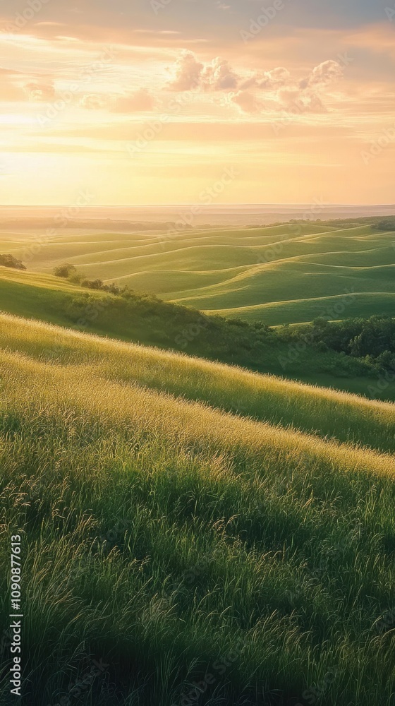 Fototapeta premium A stunning sunset over the rolling hills of the Flint Hills, showcasing vibrant green grass and the vastness of the landscape