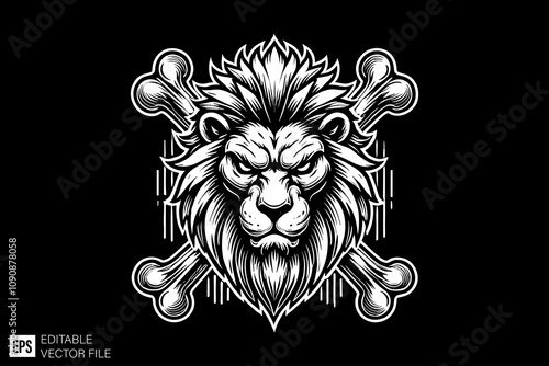 lion skull and crossbones illustration black and white vector design