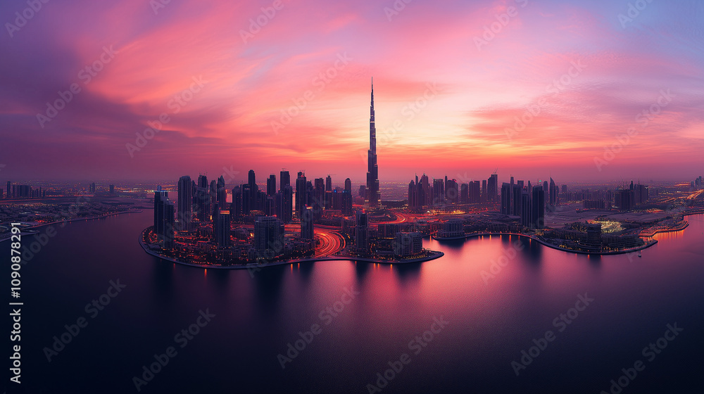 Fototapeta premium Aerial View of Dubai at Dusk with Burj Khalifa and Skyline Lights