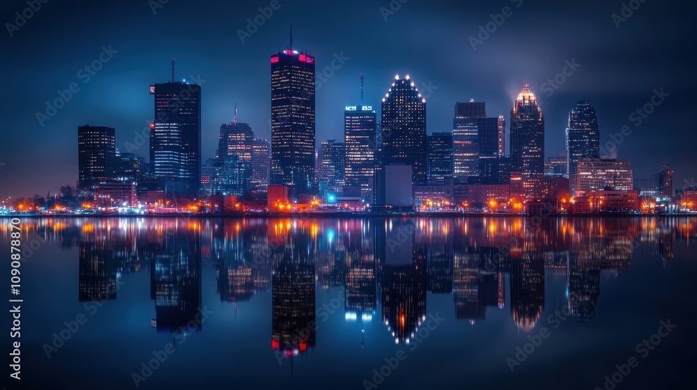 Fototapeta premium A stunning view of the Detroit skyline illuminated at night with reflections on the water and vibrant city lights