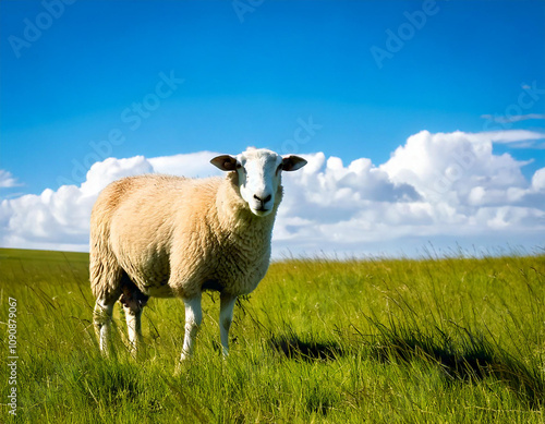 Single Sheep on a large grass Field with beautiful blue sky background.  photo