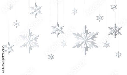 White paper snowflakes hang on strings in the air, on a white background. Simple and minimalist decoration concept with a winter season theme