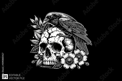 skull and raven tattoo illustration black and white vector design