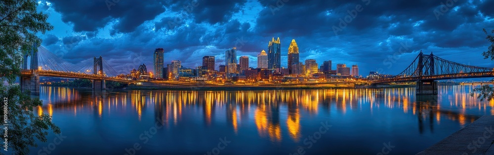 Obraz premium Stunning evening view of the Cincinnati skyline reflecting in the river under a dramatic sky