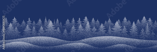 Winter forest, seamless border, noisy stippled grainy texture, halftone dots, frost, vector illustration