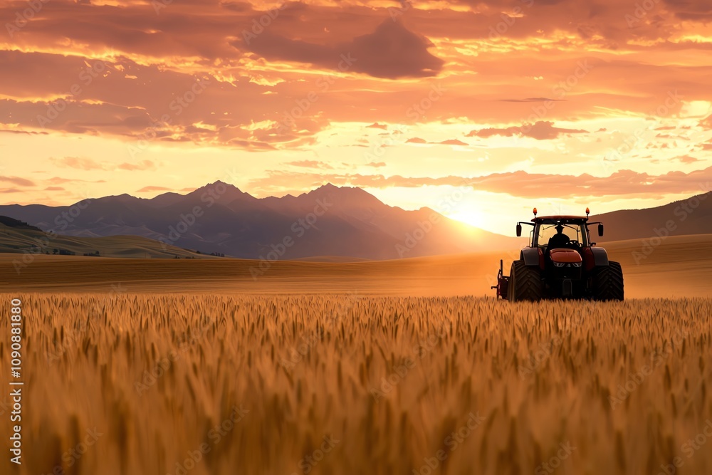 Fototapeta premium Tractor working in golden wheat field at sunset against scenic mountain backdrop.