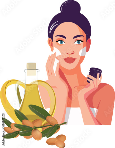Woman applying argan oil cream for skincare routine