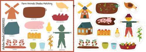 On the farm cut and glue game for kids. Match the elements worksheet. Educational activity page for kids. Printable template for school and preschool. Vector illustration