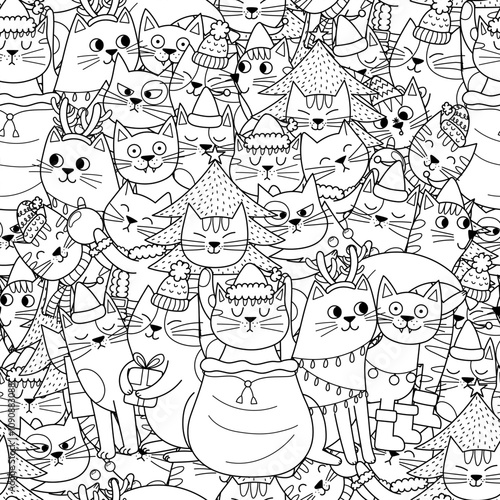 Christmas cats black and white seamless pattern. Festive winter feline characters background for coloring book. Vector illustration