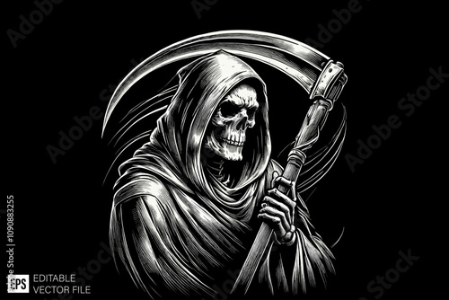 skull grim reaper holding scythe illustration black and white vector design
