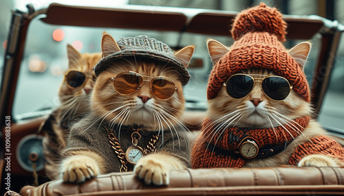 portrait of rich cats in knitted hat and sunglasses in chains and jewelry photo