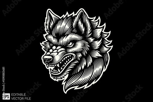wolf head illustration black and white vector design