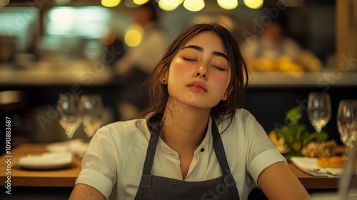 Exhausted Service: A Waitress Catches a Moment of Rest.Concept of Exhaustion, overwork, understaffing, the human cost of service industry jobs,Hospitality, restaurant, food service. photo