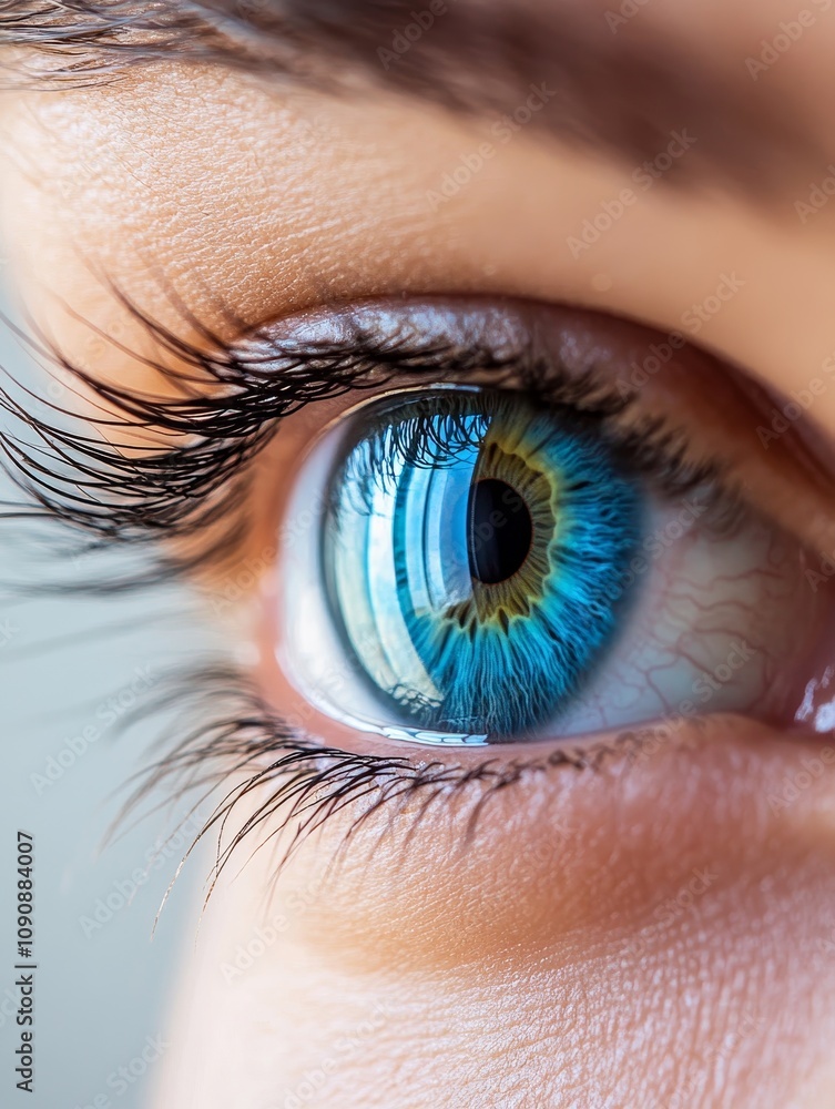 Fototapeta premium Stunning Close-up of a Blue Eye - Captivating blue eye, iris detail, lashes, reflection, human eye macro. Symbolizes beauty, vision, clarity, depth, and mystery.