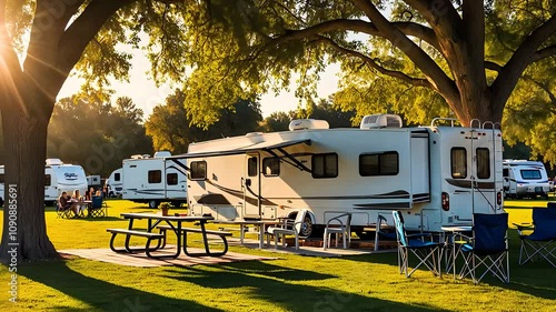  Scenic RV Camping in a Sunlit Park with Picnic Table
