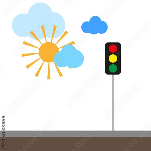 Traffic light. Sun and clouds. Street scene vector. Bright day symbol.