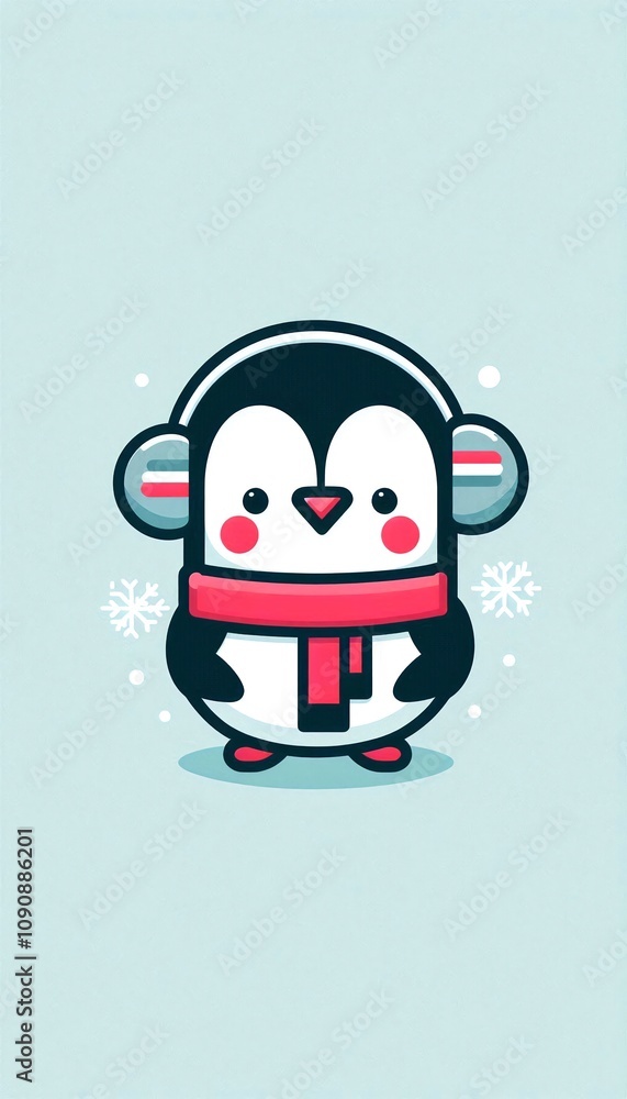 Fototapeta premium Cute Christmas penguin with earmuffs and scarf