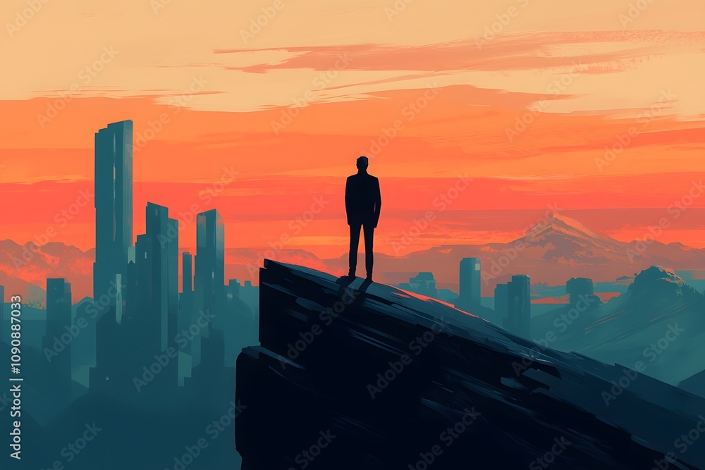 Man Silhouette on Clifftop Sunset Cityscape Modern City Mountains Success Ambition Man Silhouette on Clifftop Sunset Cityscape Modern City Mountains Success Ambition
