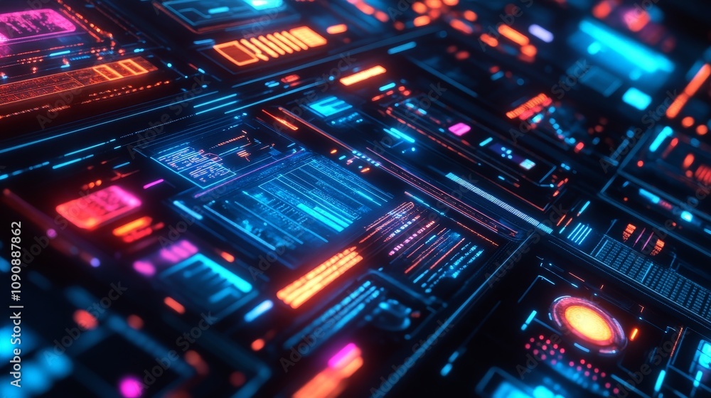 Obraz premium A hyper-realistic digital interface, showing personalized media options suggested by AI, glowing panels with vibrant neon highlights representing different interests.