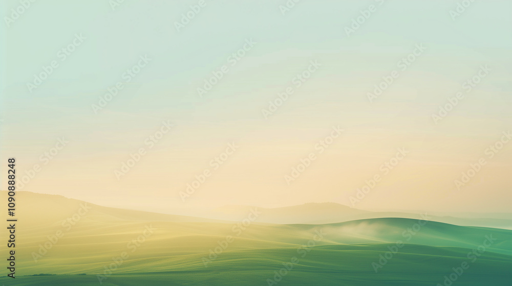 Obraz premium A dreamy, minimalist background showcasing a softly blurred horizon of rolling green hills under a golden sunrise, with a light mist rising from the ground. The sky transitions from soft peach to pale