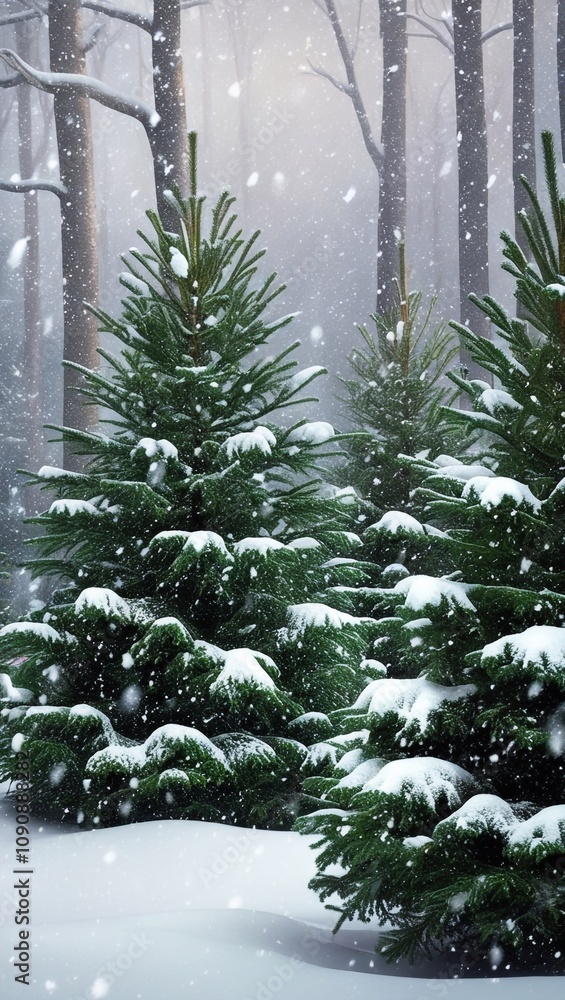 Fototapeta premium snow on green Christmas trees in the forest, Christmas, winter background