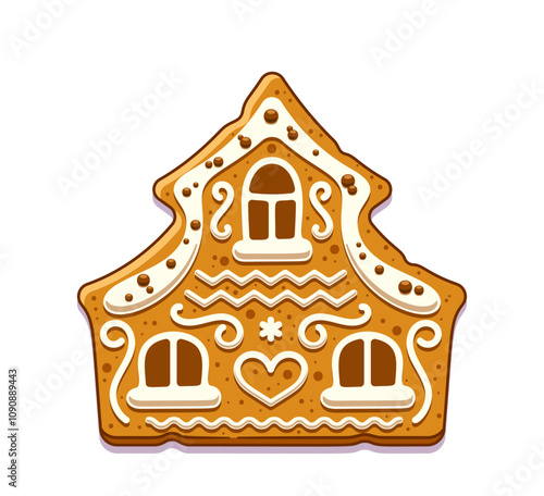 Cute gingerbread house with sugar icing and sprinkles evoking Christmas spirit isolated on white