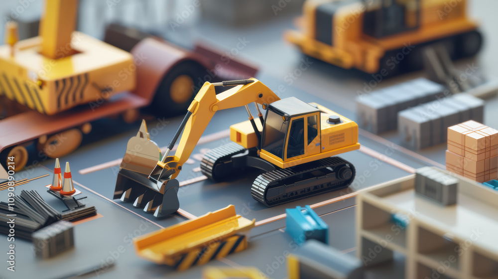 Fototapeta premium Miniature construction site with yellow excavator, tools, and materials