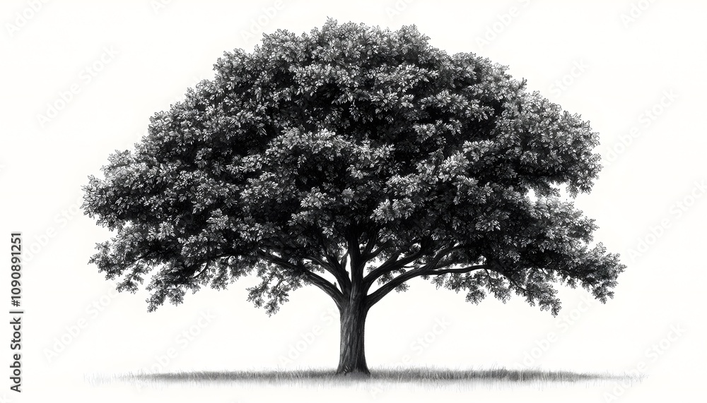 Fototapeta premium Majestic Oak Tree Black and White Nature Botany Illustration Isolated Drawing Penci