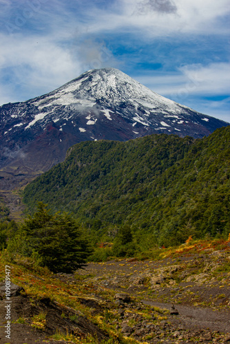 View on active volcano Villarica in Chile photo