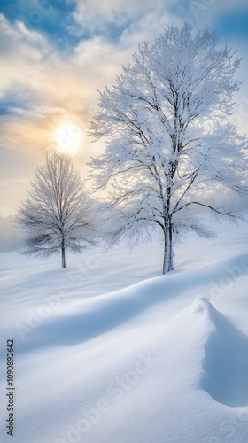 Wallpaper Mural A serene winter landscape featuring two frosted trees under a bright sun, surrounded by smooth, untouched snow. Torontodigital.ca