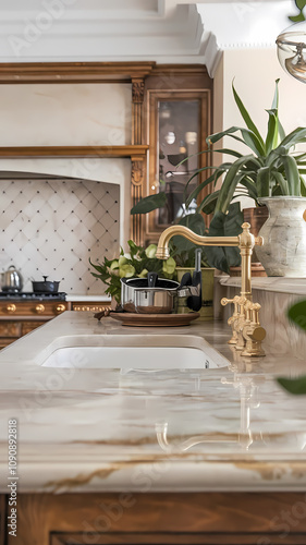 A luxury kitchen features a light-colored marble countertop with gold-toned faucet, a white undermount sink, and wood cabinetry.  Plants are visible in the background.  The backsplash is a light beige photo