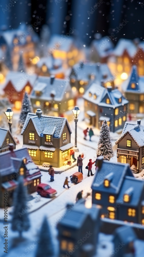 Fototapeta premium Miniature city with houses and streets covered in snow