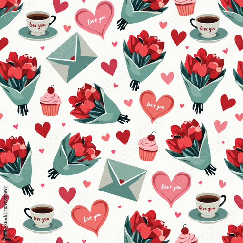 Romantic Floral Background With Hearts Envelopes And Cupcakes