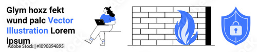 Woman using laptop, brick wall with blue flame icon, blue shield with lock icon. Ideal for cybersecurity, firewall protection, data security, internet safety, digital security, antivirus software