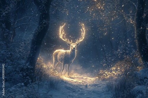 Magic shining deer in winter fairy forest. Patronus animal against snowy trees. Magical mistic scene from fairytale. Christmas and winter holidays concept photo